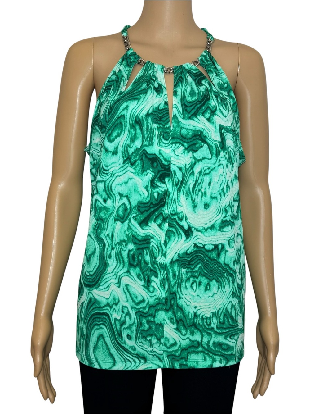 Women's Green Marble Print Halter Top with Chain Neckline XL